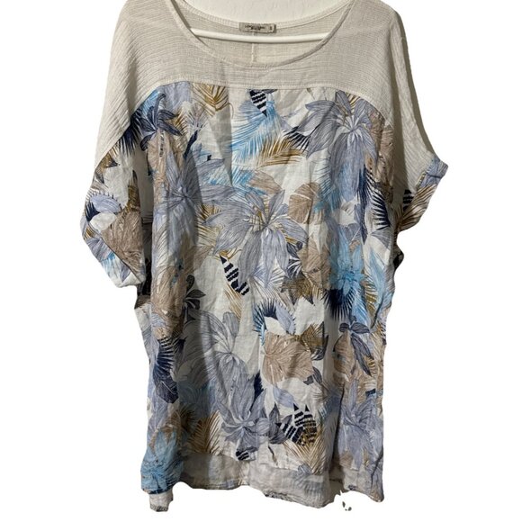 Lungo L'arno Blue Tan Floral Linen Pullover Blouse Size 3X - Picture 2 of 6